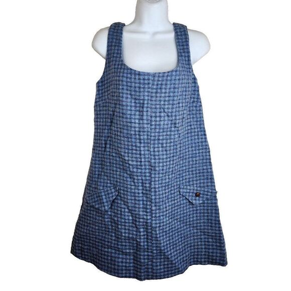 Vintage 70s L Blue Wool Jumper Dress Plaid A Line - Picture 1 of 7